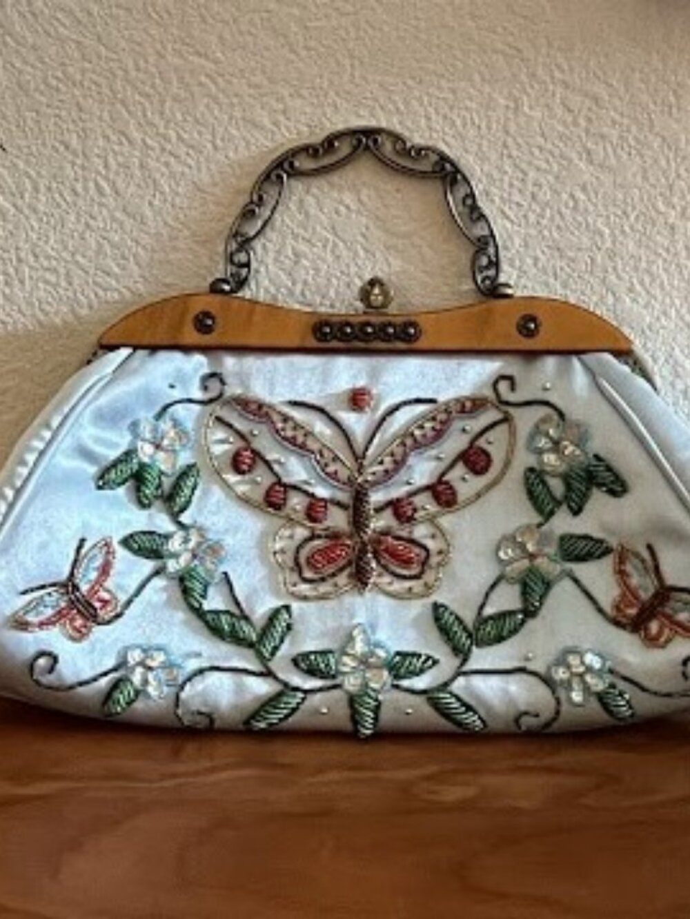 Vintage Beaded Sequin Butterfly Satin Clutch Wood Frame Chain Evening Bag